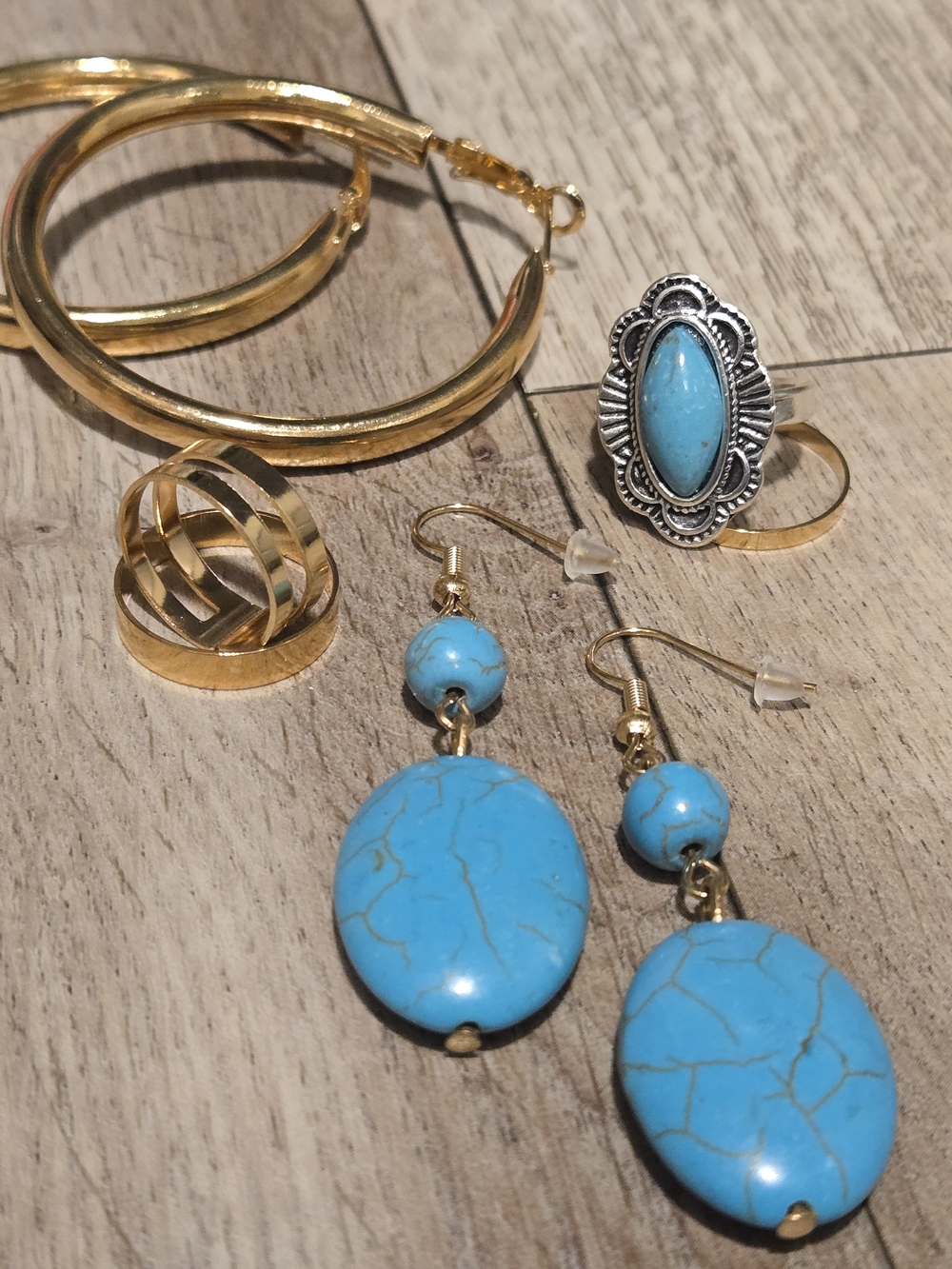 Turquoise & Gold Stone Drop Earrings, Hoops, And Ring Set
